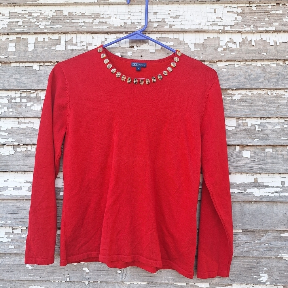 J Mclaughlin Chic Red Long Sleeve Top with Embellished Neckline Size Medium